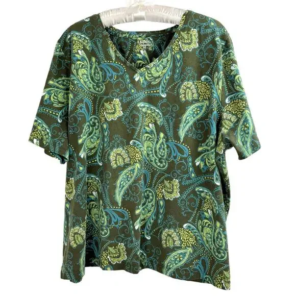 Liz & Me Essentials Women’s Plus T-Shirt Bright Greens Paisley Size 2X - Picture 1 of 4